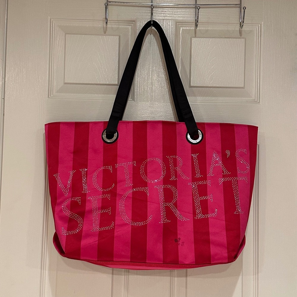 Victorias Secret Pink Striped Rhinestone Logo Tote Bag Satin Finish Large